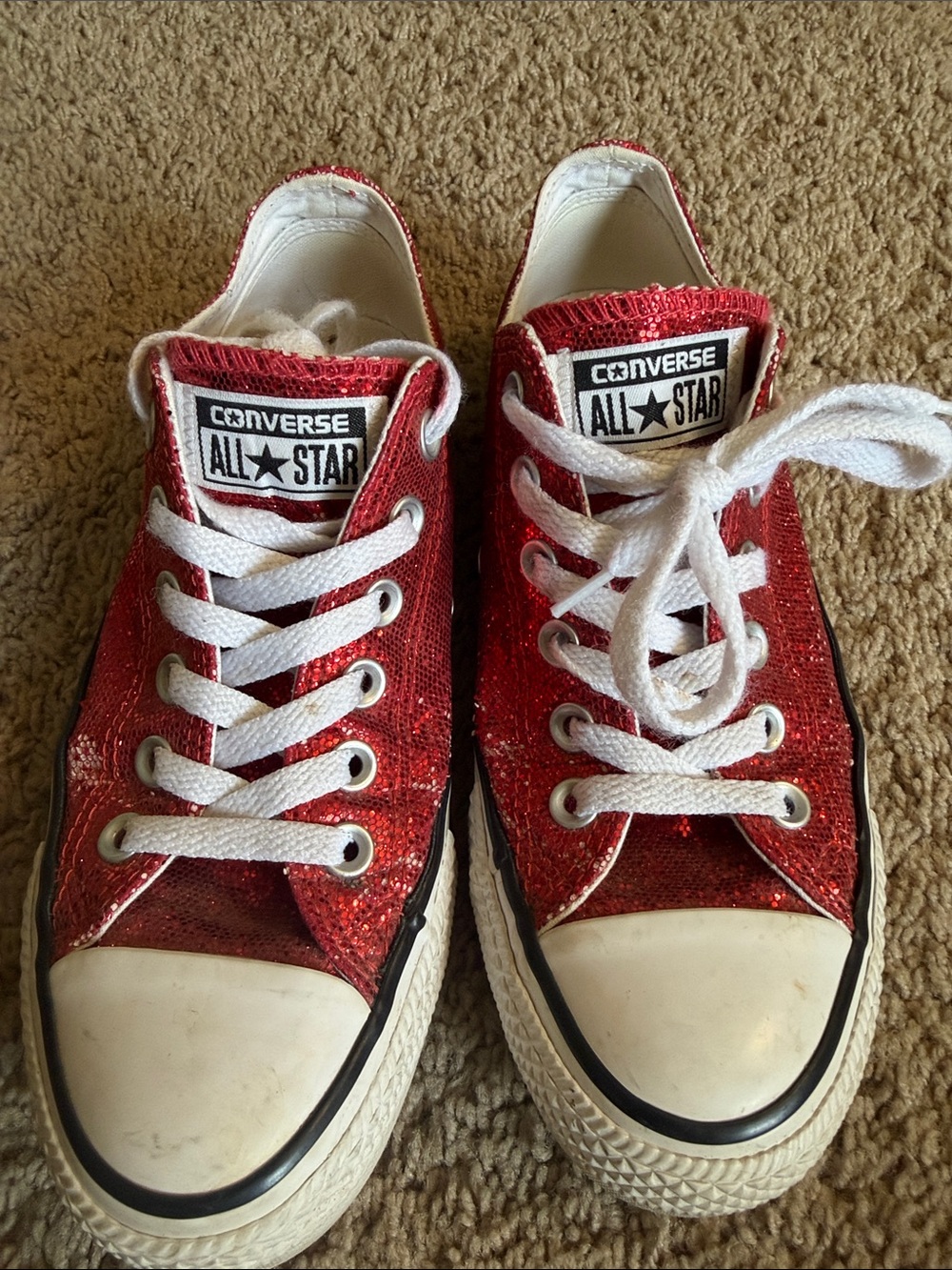 Converse All-Stars red , glitter shoes, ladies size 7